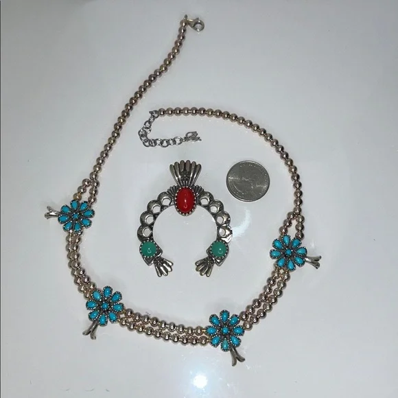 NWOT Carolyn Pollack Sterling Silver Squash Blossom Designer Necklace Earrings - Picture 7 of 12